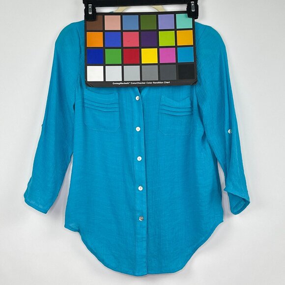 I.N. Studio | Teal Roll-Tab Sleeve Blouse Top | Pocket Detail | Size PS - Picture 9 of 9